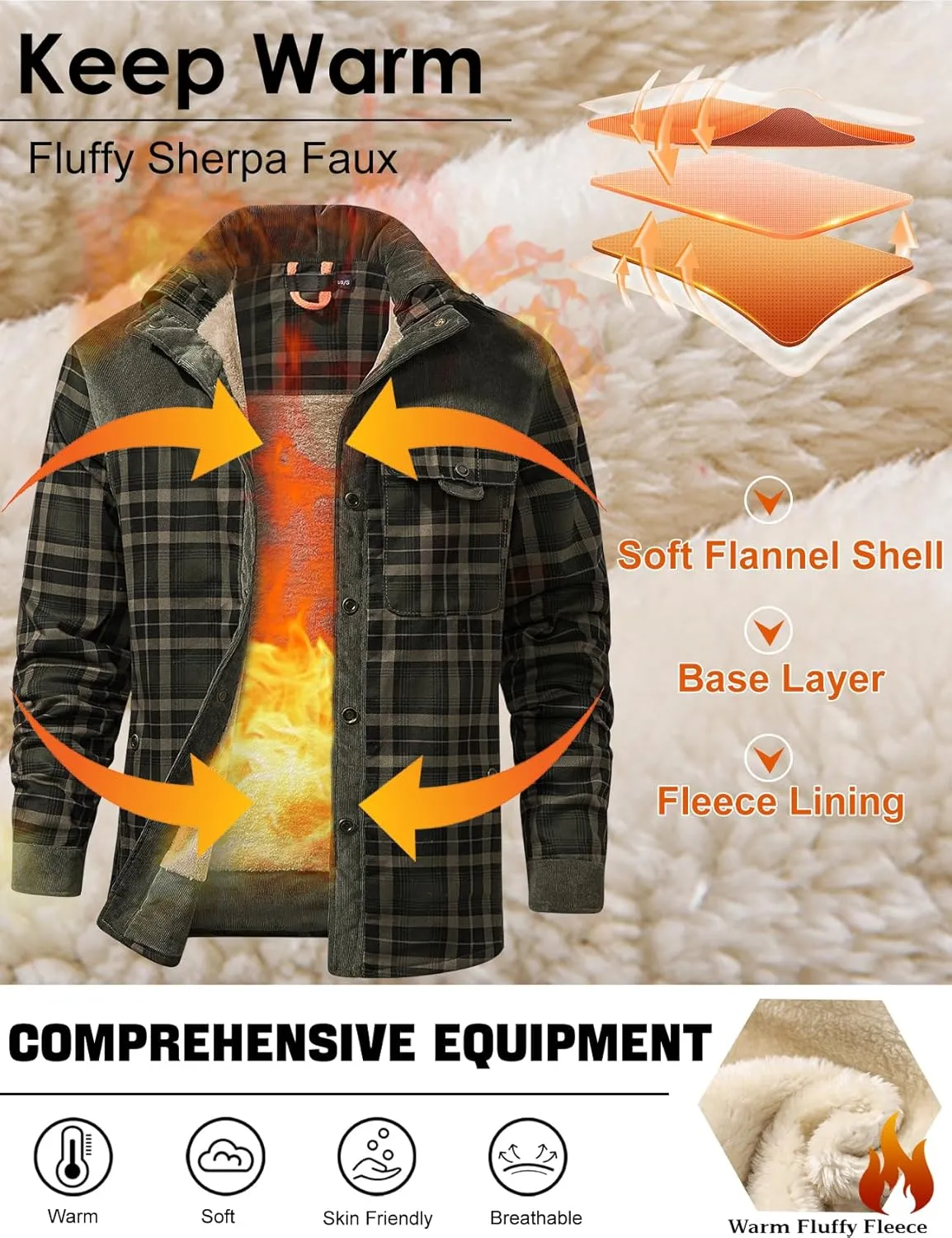 Eisctnd Men's Sherpa Lined Flannel Jacket Outdoor Long Sleeve Plaid Fleece Shirt Warm Casual Button Down Coat