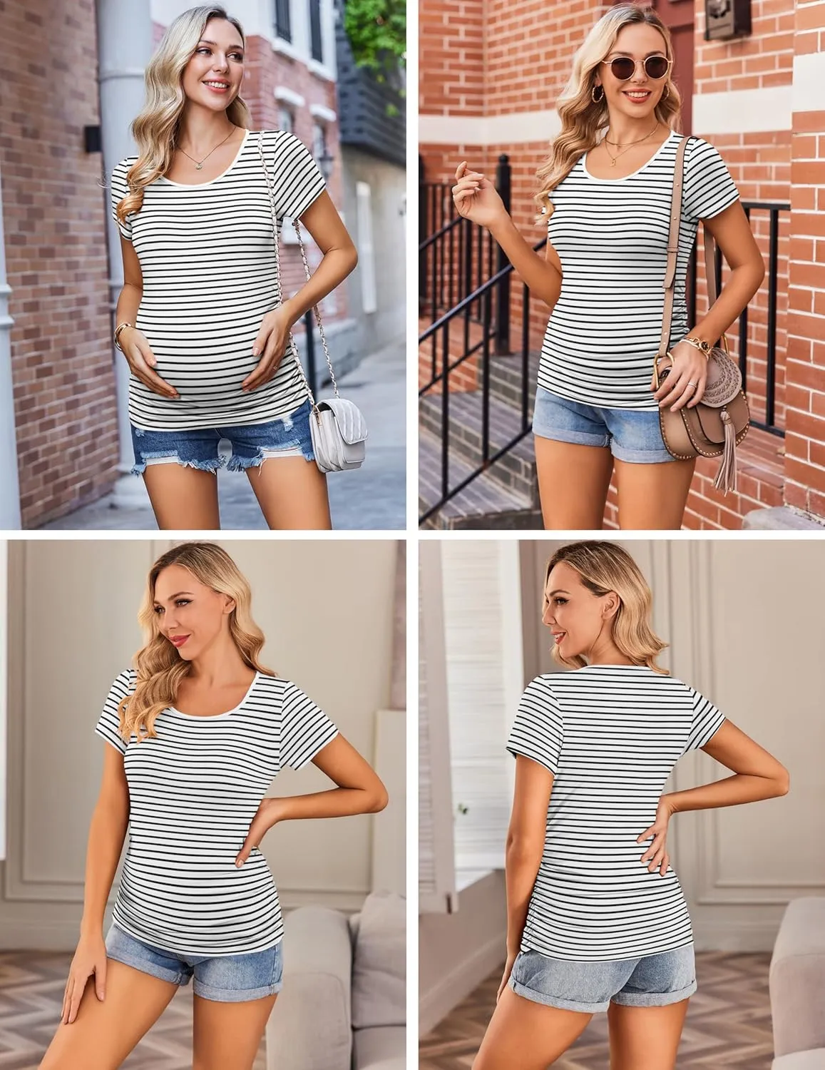 Ekouaer Womens Maternity Shirts 3 Packs Side Ruched Pregnancy Tee Top Tunic Blouse Casual Mama Clothes S-XXL