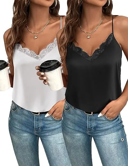 ELESOL Camisole Tops for Women Tank Top Lace V Neck Cami 2 PCS