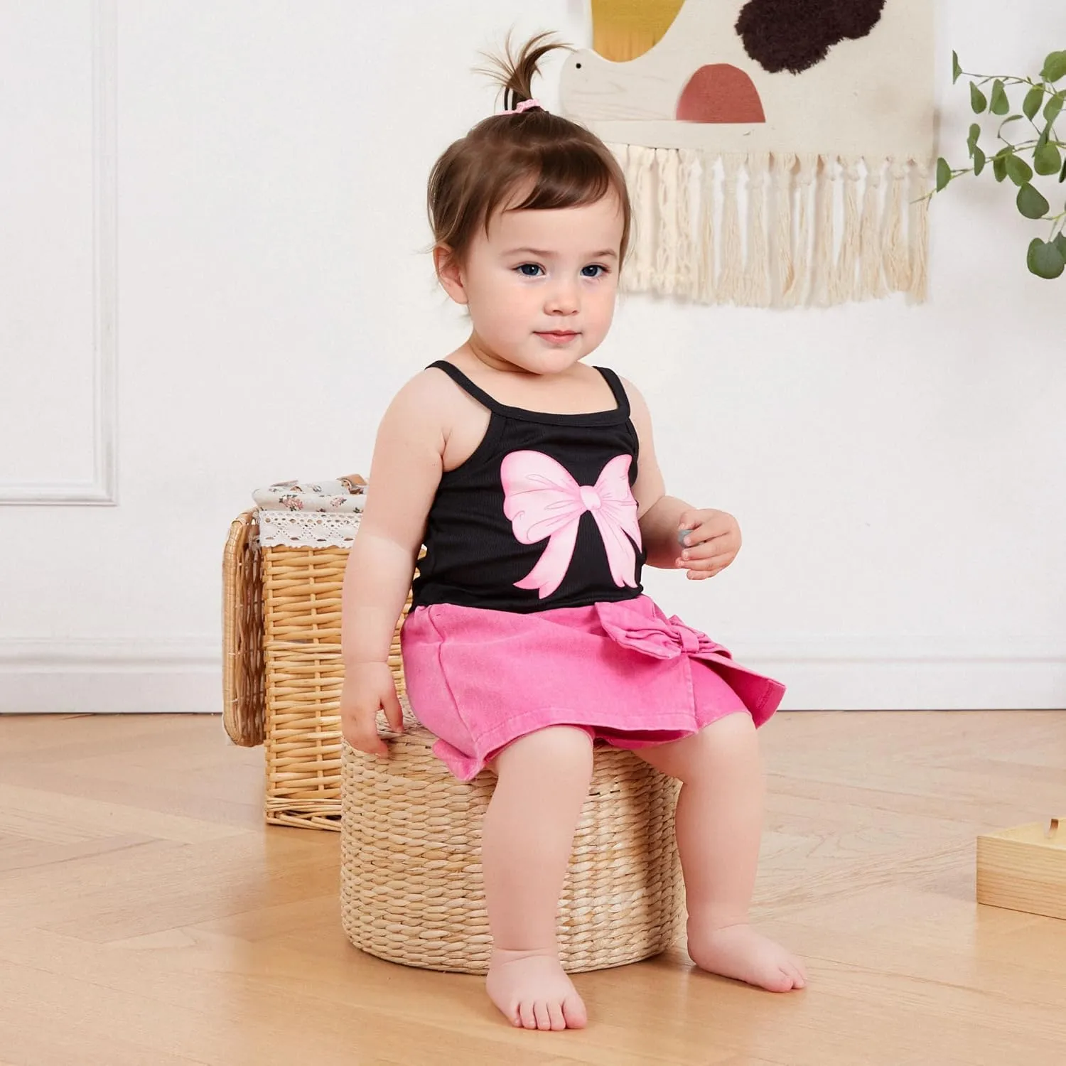 Emmababy Toddler Girls Denim Shorts Set Ribbed Crop Tank Top Sleeveless Bow Jean Shorts Skirt Western Baby Summer Clothes