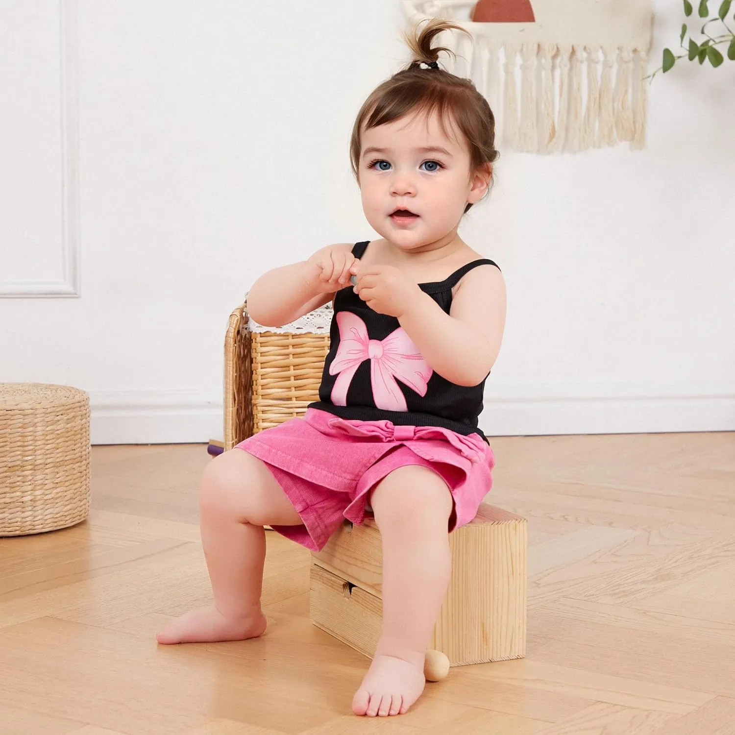 Emmababy Toddler Girls Denim Shorts Set Ribbed Crop Tank Top Sleeveless Bow Jean Shorts Skirt Western Baby Summer Clothes