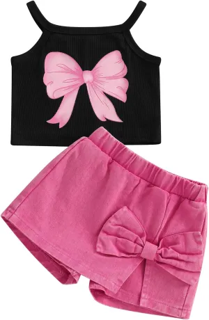 Emmababy Toddler Girls Denim Shorts Set Ribbed Crop Tank Top Sleeveless Bow Jean Shorts Skirt Western Baby Summer Clothes