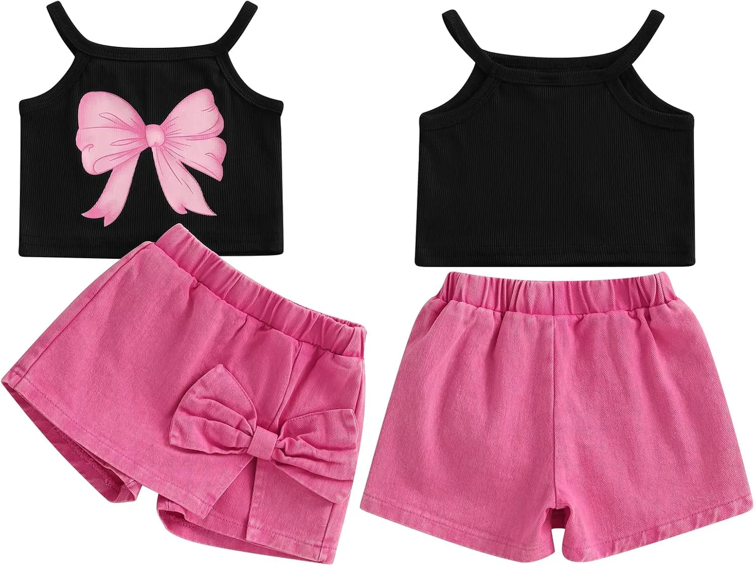 Emmababy Toddler Girls Denim Shorts Set Ribbed Crop Tank Top Sleeveless Bow Jean Shorts Skirt Western Baby Summer Clothes