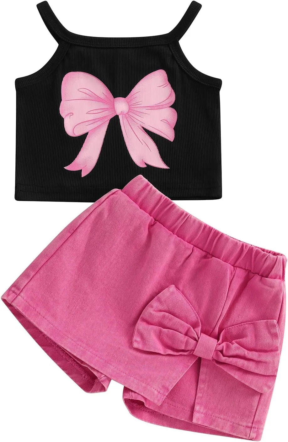 Emmababy Toddler Girls Denim Shorts Set Ribbed Crop Tank Top Sleeveless Bow Jean Shorts Skirt Western Baby Summer Clothes