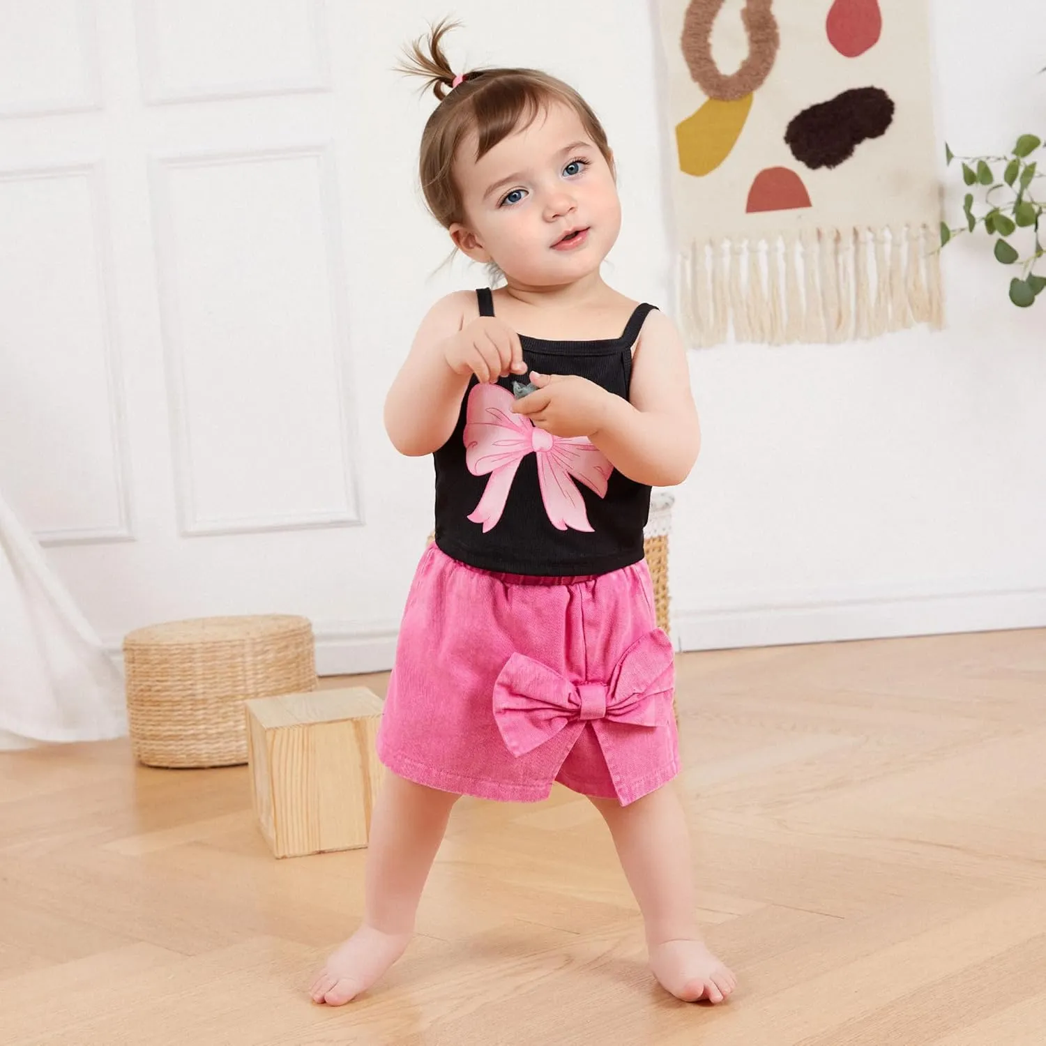 Emmababy Toddler Girls Denim Shorts Set Ribbed Crop Tank Top Sleeveless Bow Jean Shorts Skirt Western Baby Summer Clothes