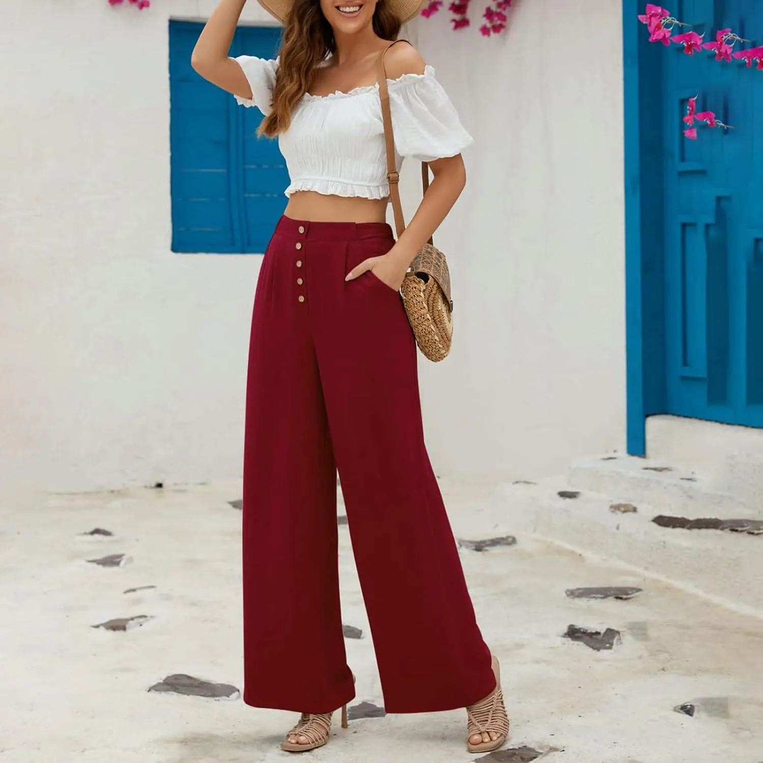eoeioa Linen Wide Leg Dress Pants for Women Trendy High Waist Button Lounge Trousers Baggy Pockets Straight Fit Palazzo Pants