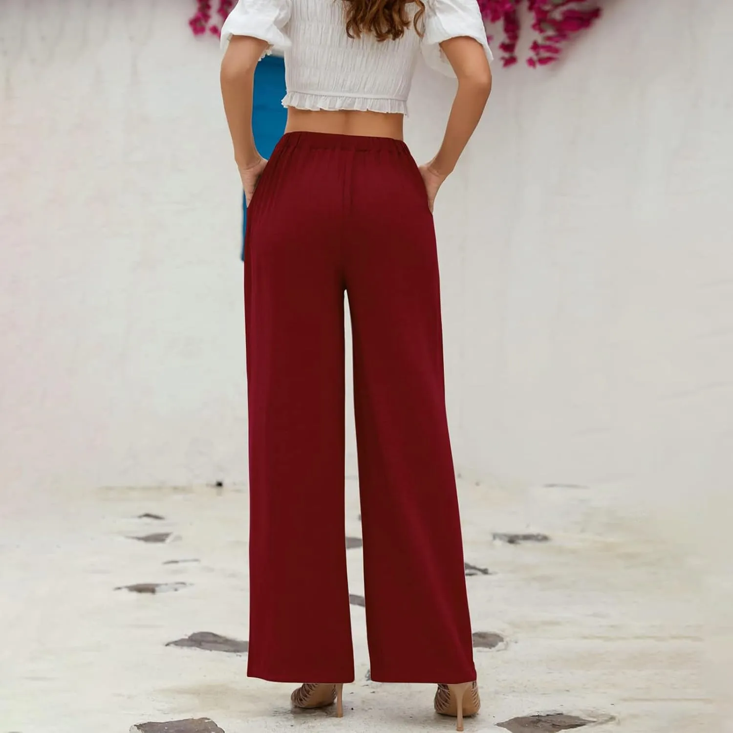 eoeioa Linen Wide Leg Dress Pants for Women Trendy High Waist Button Lounge Trousers Baggy Pockets Straight Fit Palazzo Pants