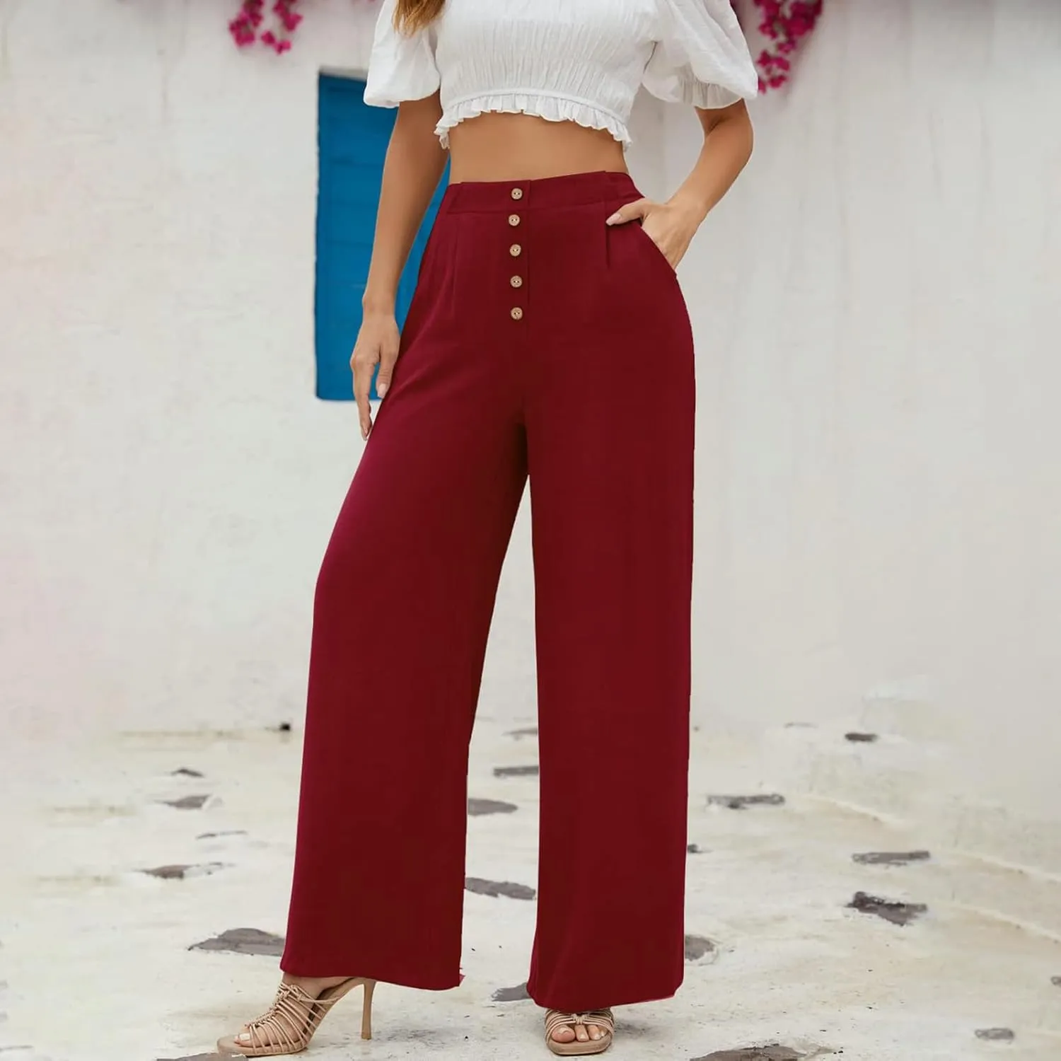eoeioa Linen Wide Leg Dress Pants for Women Trendy High Waist Button Lounge Trousers Baggy Pockets Straight Fit Palazzo Pants