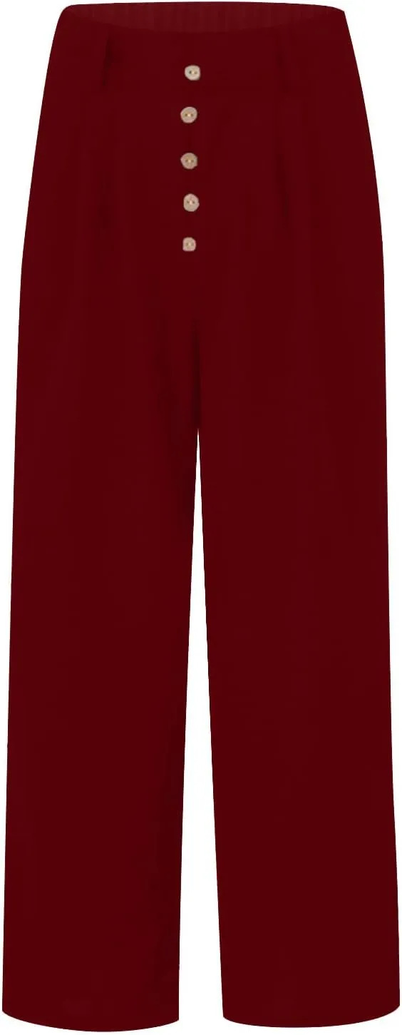 eoeioa Linen Wide Leg Dress Pants for Women Trendy High Waist Button Lounge Trousers Baggy Pockets Straight Fit Palazzo Pants