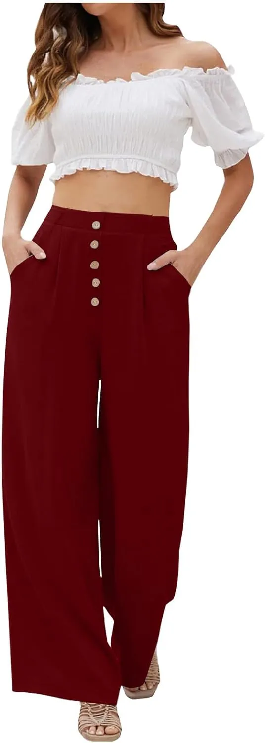 eoeioa Linen Wide Leg Dress Pants for Women Trendy High Waist Button Lounge Trousers Baggy Pockets Straight Fit Palazzo Pants
