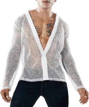 FEOYA Mens Mesh See Through Shirts Sheer Transparent Club Party Casual Top Undershirts