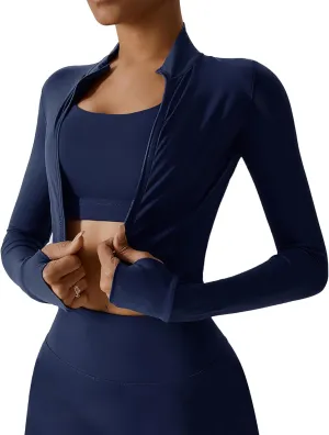FEOYA Women Long Sleeve Full Zip Workout Crop Jacket Slim Fit Turtleneck Thumbhole Sports Track Jacket Ultra Short 2023