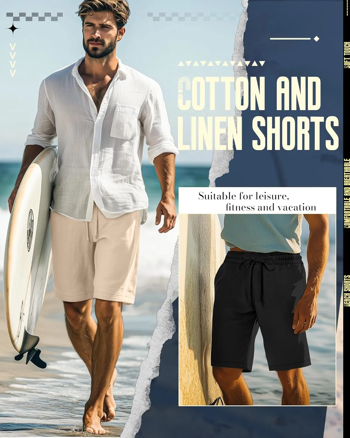 Ficerd 2 Pack Men's Cotton Linen Shorts, Elastic Waist Beach Pants with Drawstring Pockets Summer Casual Gym Vacation Shorts