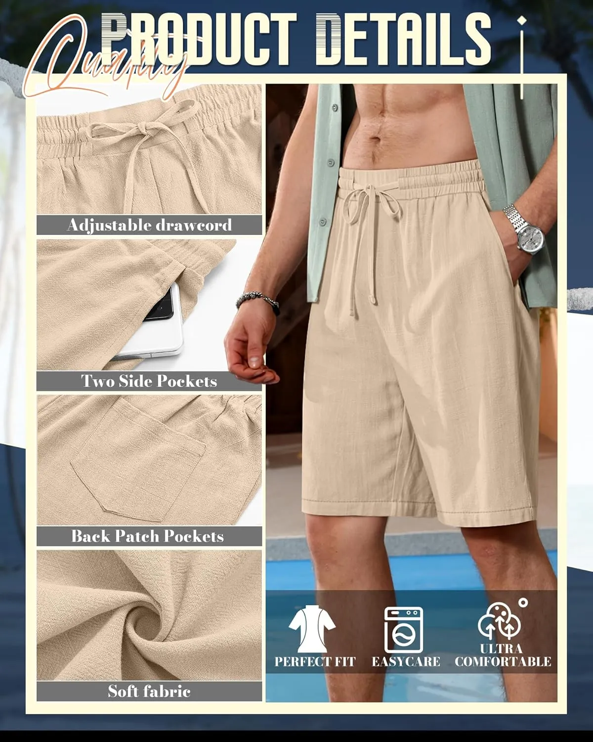 Ficerd 2 Pack Men's Cotton Linen Shorts, Elastic Waist Beach Pants with Drawstring Pockets Summer Casual Gym Vacation Shorts