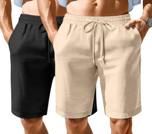 Ficerd 2 Pack Men's Cotton Linen Shorts, Elastic Waist Beach Pants with Drawstring Pockets Summer Casual Gym Vacation Shorts