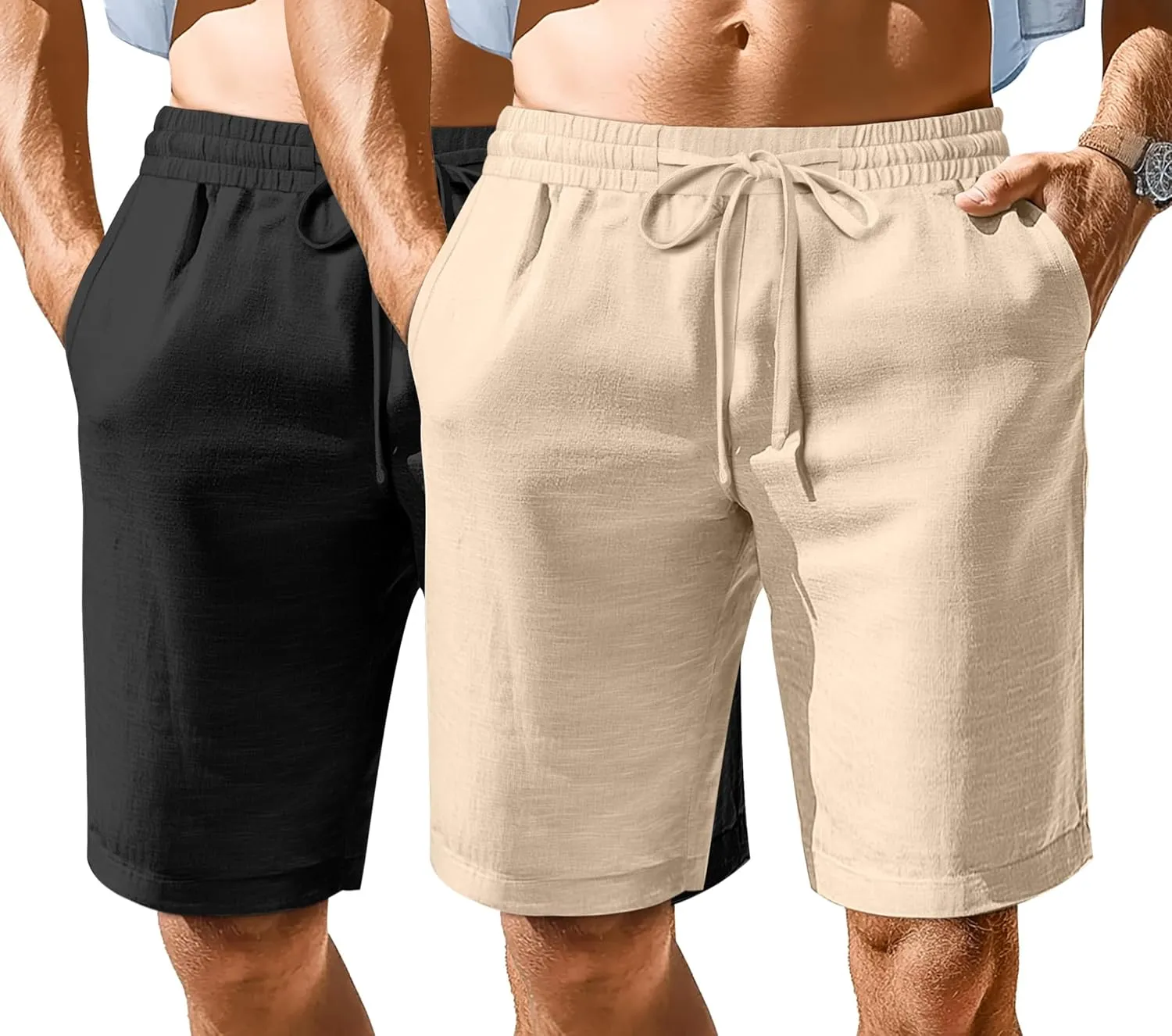 Ficerd 2 Pack Men's Cotton Linen Shorts, Elastic Waist Beach Pants with Drawstring Pockets Summer Casual Gym Vacation Shorts