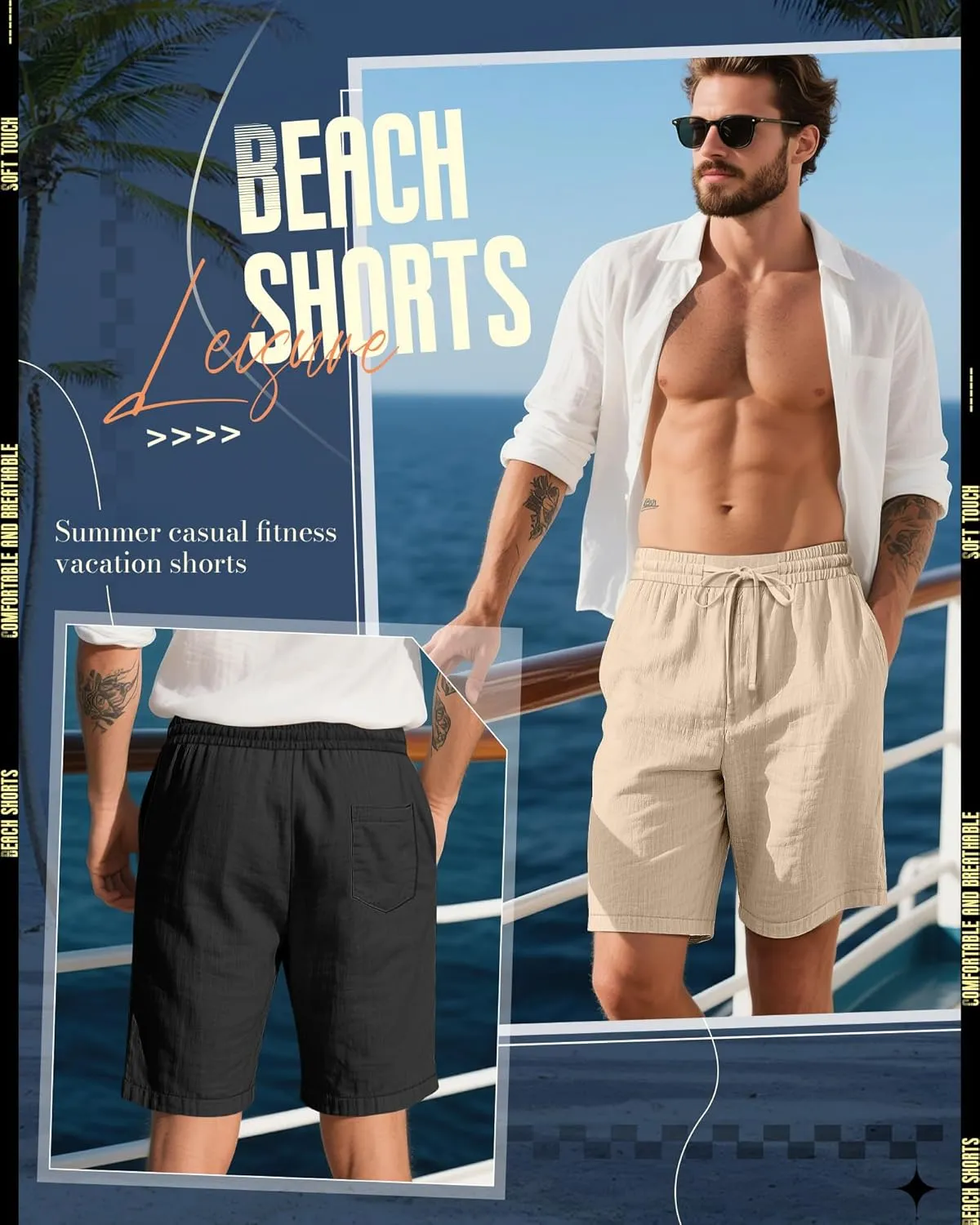 Ficerd 2 Pack Men's Cotton Linen Shorts, Elastic Waist Beach Pants with Drawstring Pockets Summer Casual Gym Vacation Shorts