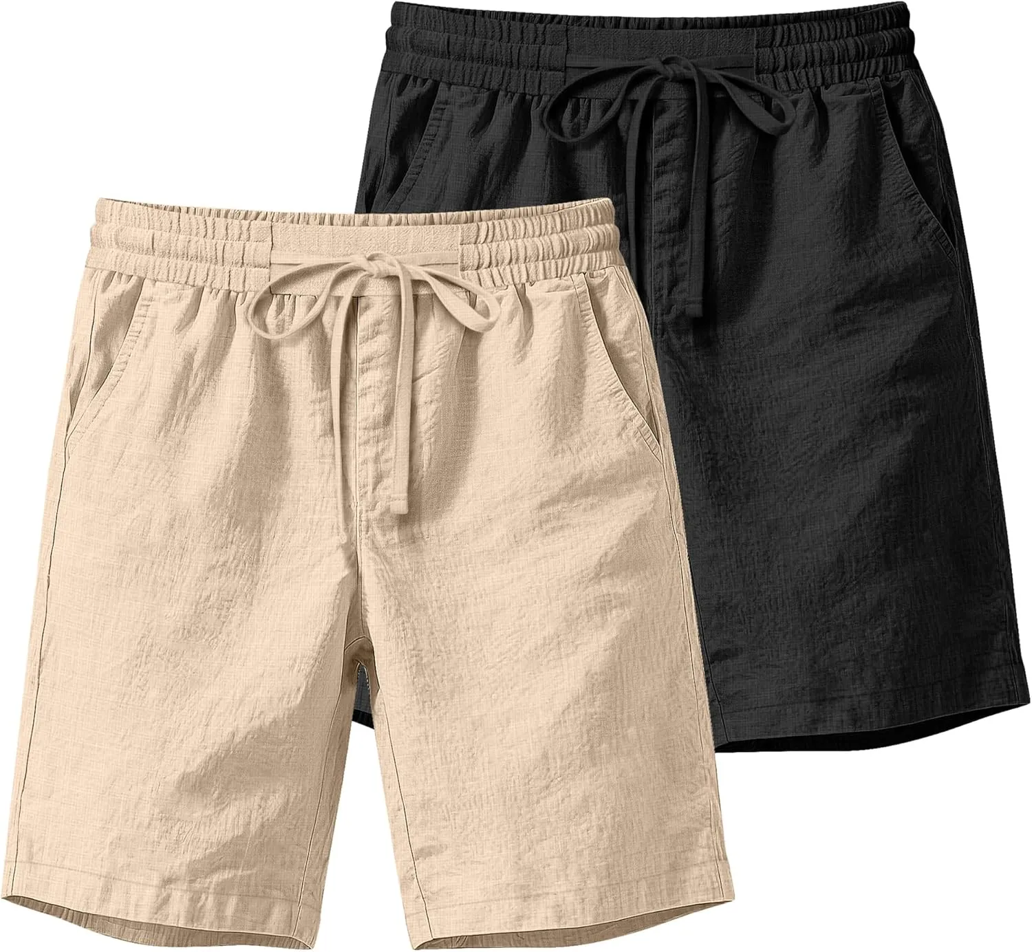 Ficerd 2 Pack Men's Cotton Linen Shorts, Elastic Waist Beach Pants with Drawstring Pockets Summer Casual Gym Vacation Shorts