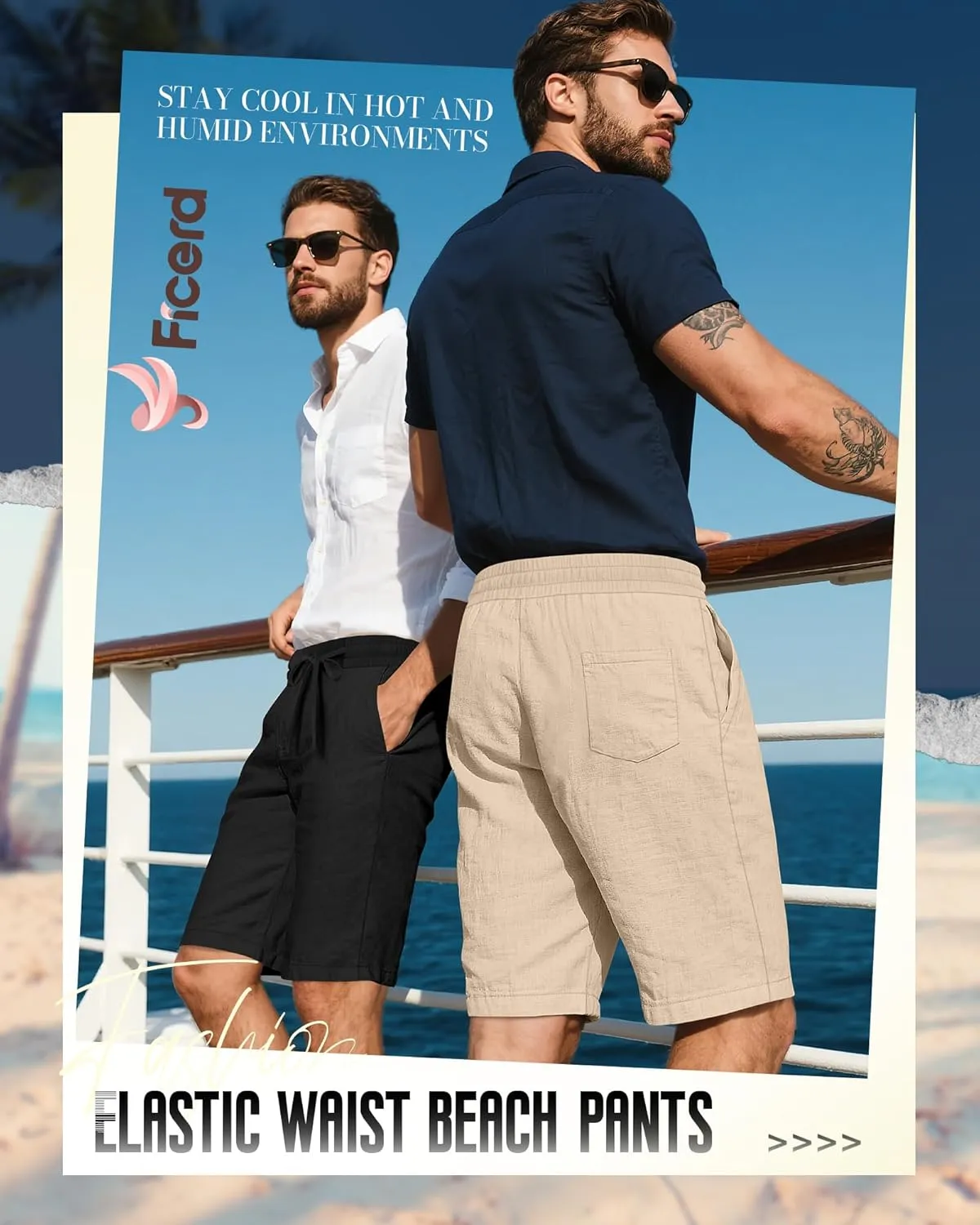 Ficerd 2 Pack Men's Cotton Linen Shorts, Elastic Waist Beach Pants with Drawstring Pockets Summer Casual Gym Vacation Shorts