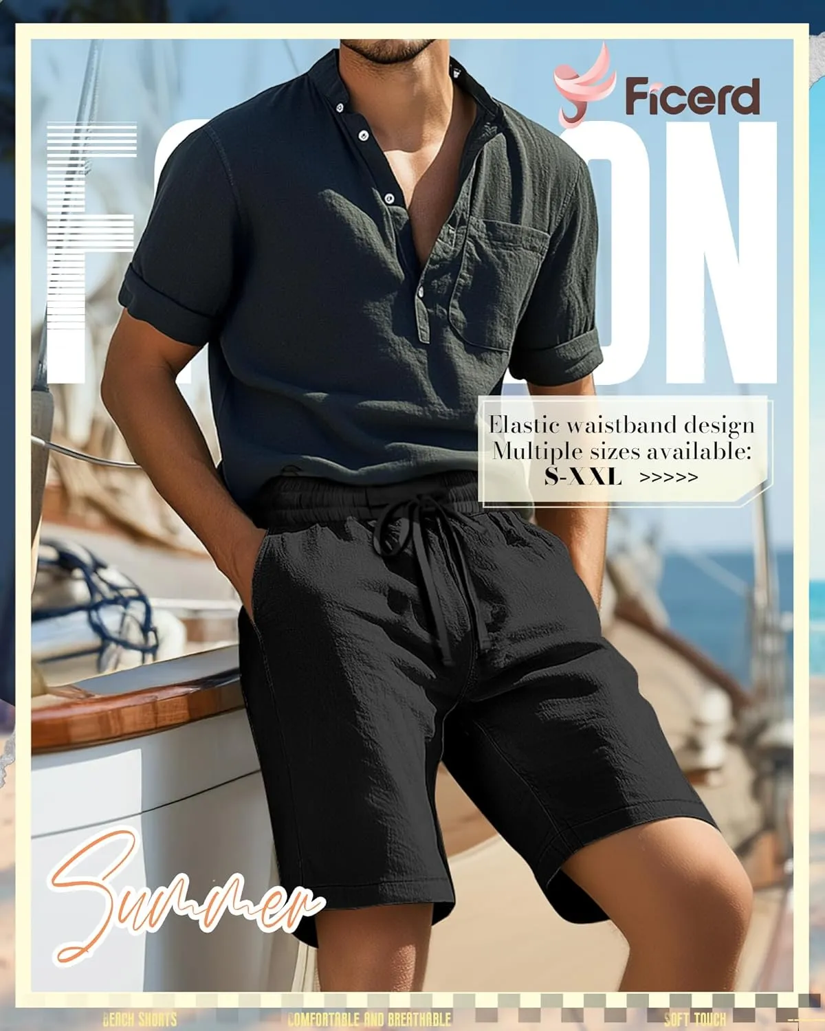 Ficerd 2 Pack Men's Cotton Linen Shorts, Elastic Waist Beach Pants with Drawstring Pockets Summer Casual Gym Vacation Shorts