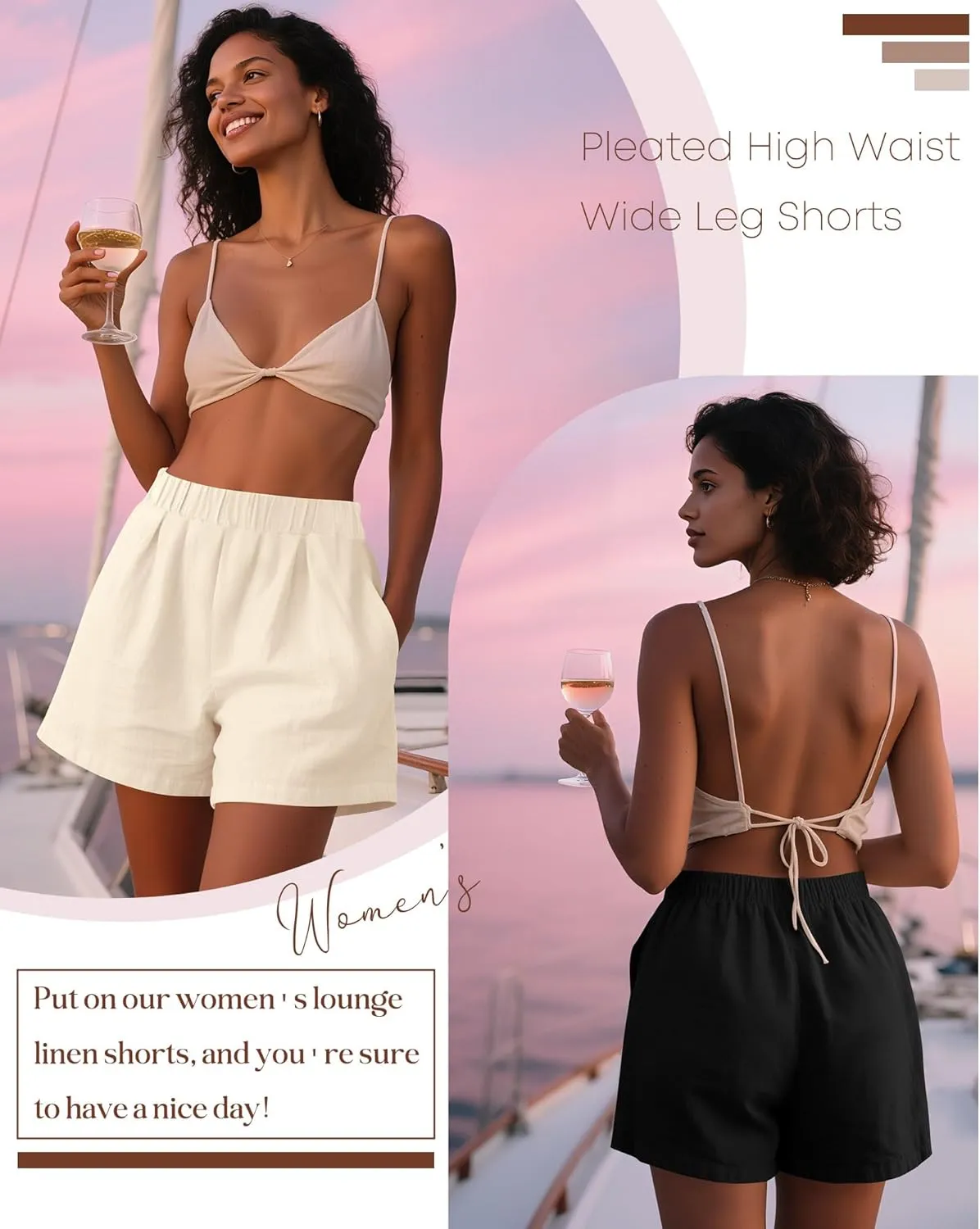 Ficerd 3 Pack Women's Casual Linen Shorts,Pleated High Waist Wide Leg Summer Elastic Comfy Trendy Shorts with Pockets