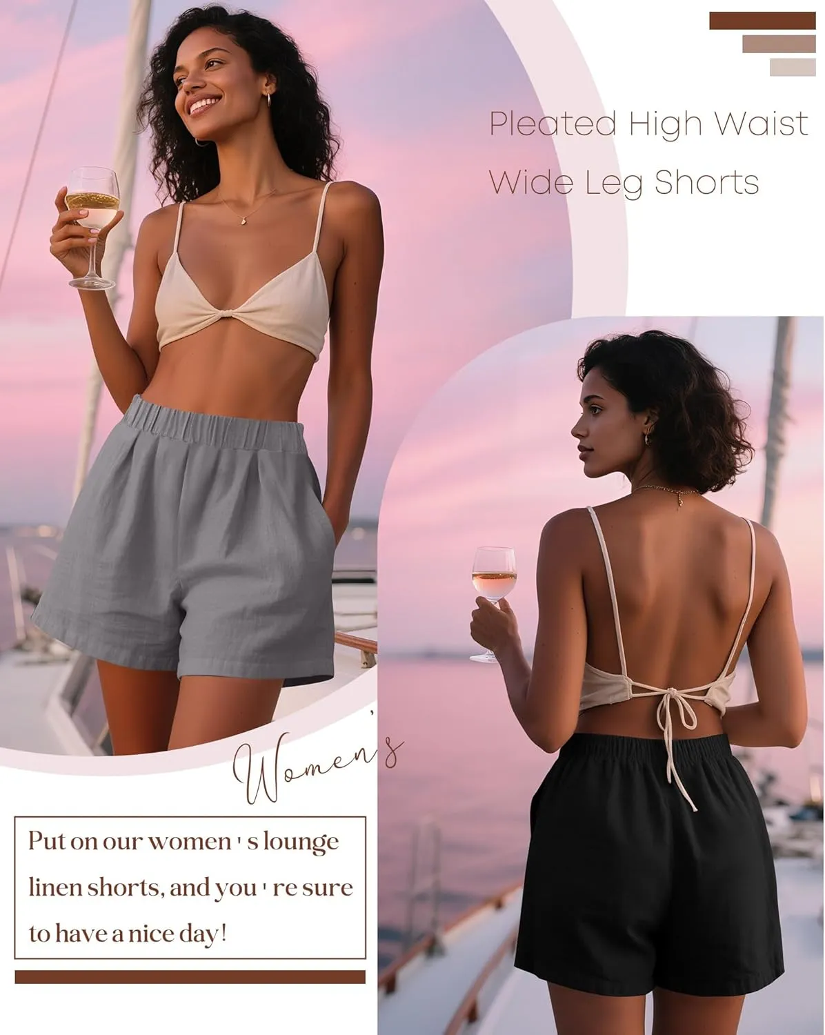 Ficerd 3 Pack Women's Casual Linen Shorts,Pleated High Waist Wide Leg Summer Elastic Comfy Trendy Shorts with Pockets