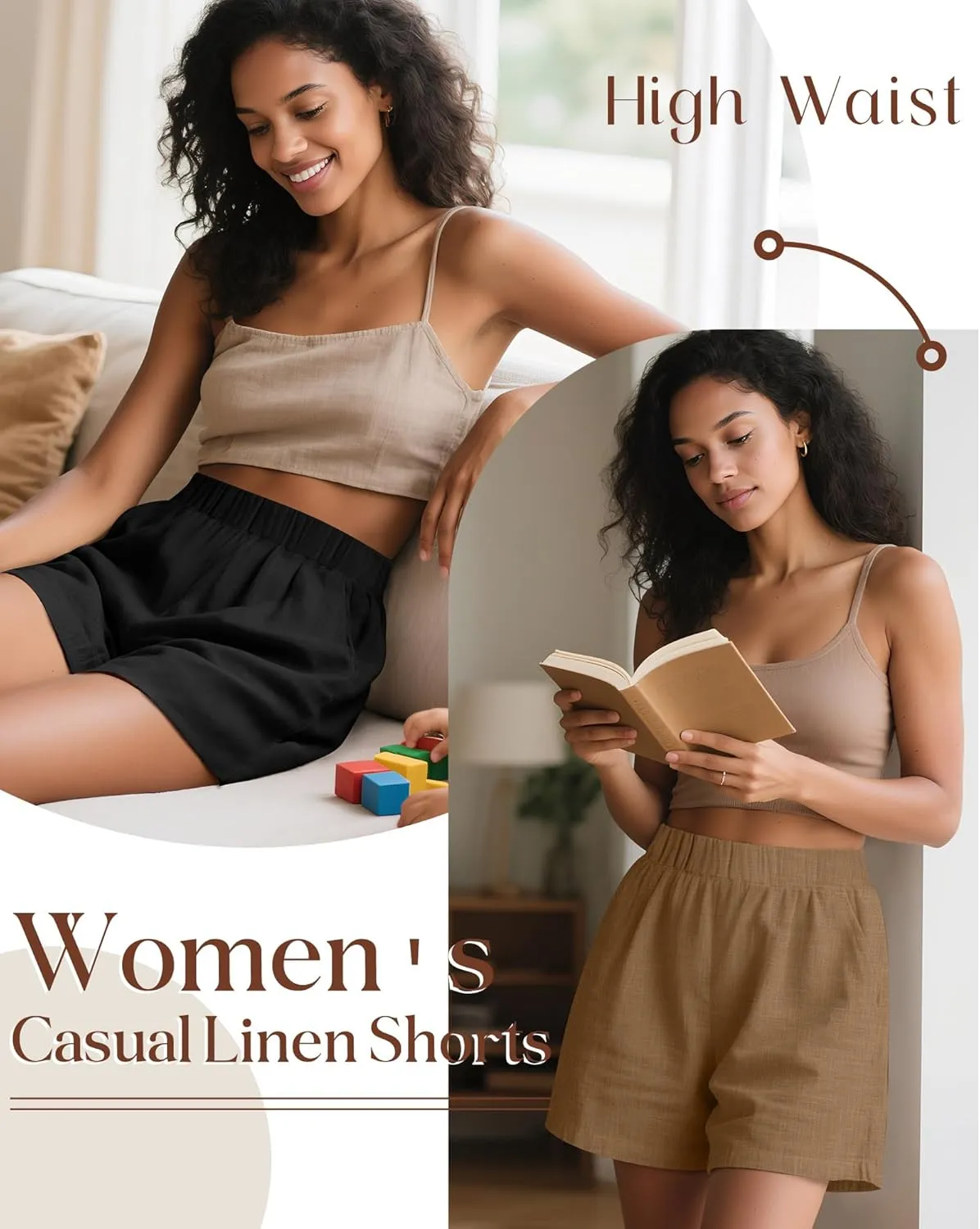 Ficerd 3 Pack Women's Casual Linen Shorts,Pleated High Waist Wide Leg Summer Elastic Comfy Trendy Shorts with Pockets
