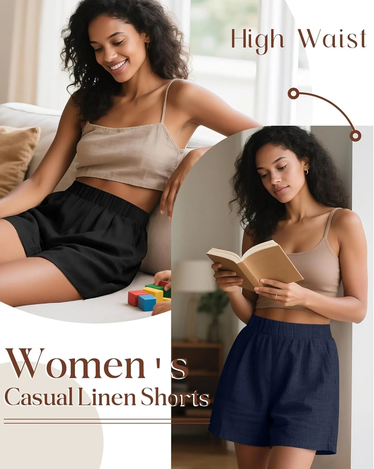 Ficerd 3 Pack Women's Casual Linen Shorts,Pleated High Waist Wide Leg Summer Elastic Comfy Trendy Shorts with Pockets
