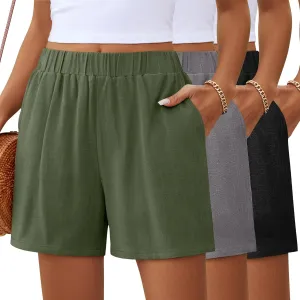 Ficerd 3 Pack Women's Casual Linen Shorts,Pleated High Waist Wide Leg Summer Elastic Comfy Trendy Shorts with Pockets
