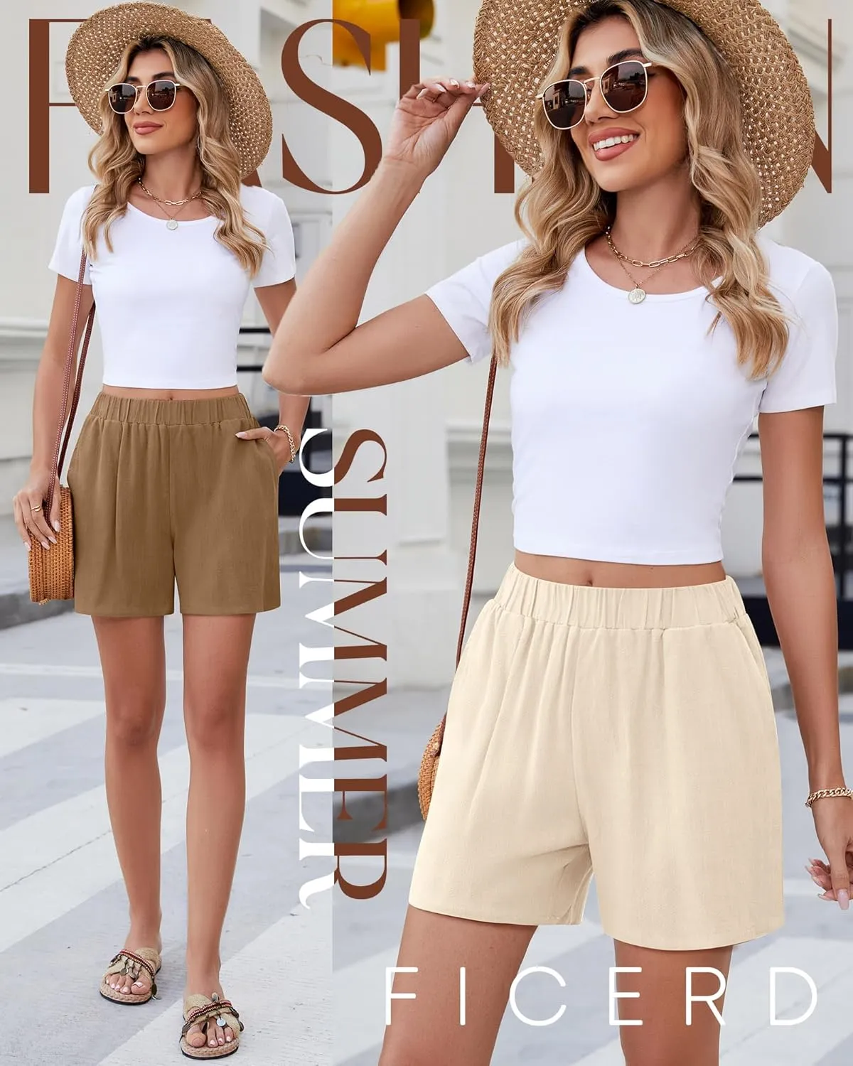 Ficerd 3 Pack Women's Casual Linen Shorts,Pleated High Waist Wide Leg Summer Elastic Comfy Trendy Shorts with Pockets