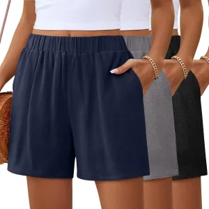 Ficerd 3 Pack Women's Casual Linen Shorts,Pleated High Waist Wide Leg Summer Elastic Comfy Trendy Shorts with Pockets