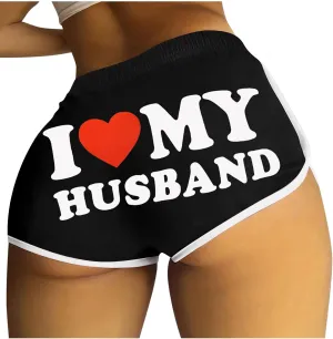 Firzero I Love My Husband Booty Shorts for Women Sexy High Waist Yoga Biker Shorts Soft Dance Hot Pants Butt Lifting Leggings