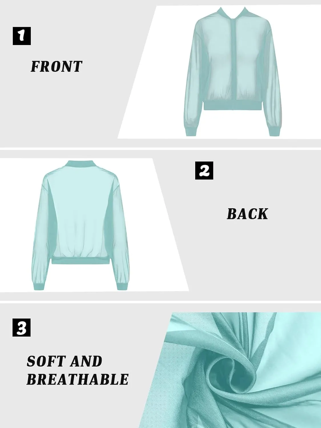 Fisoew Women's Crop Mesh Sheer Bomber Jackets Lightweight Long Sleeve Zip Up Jacket Outwear