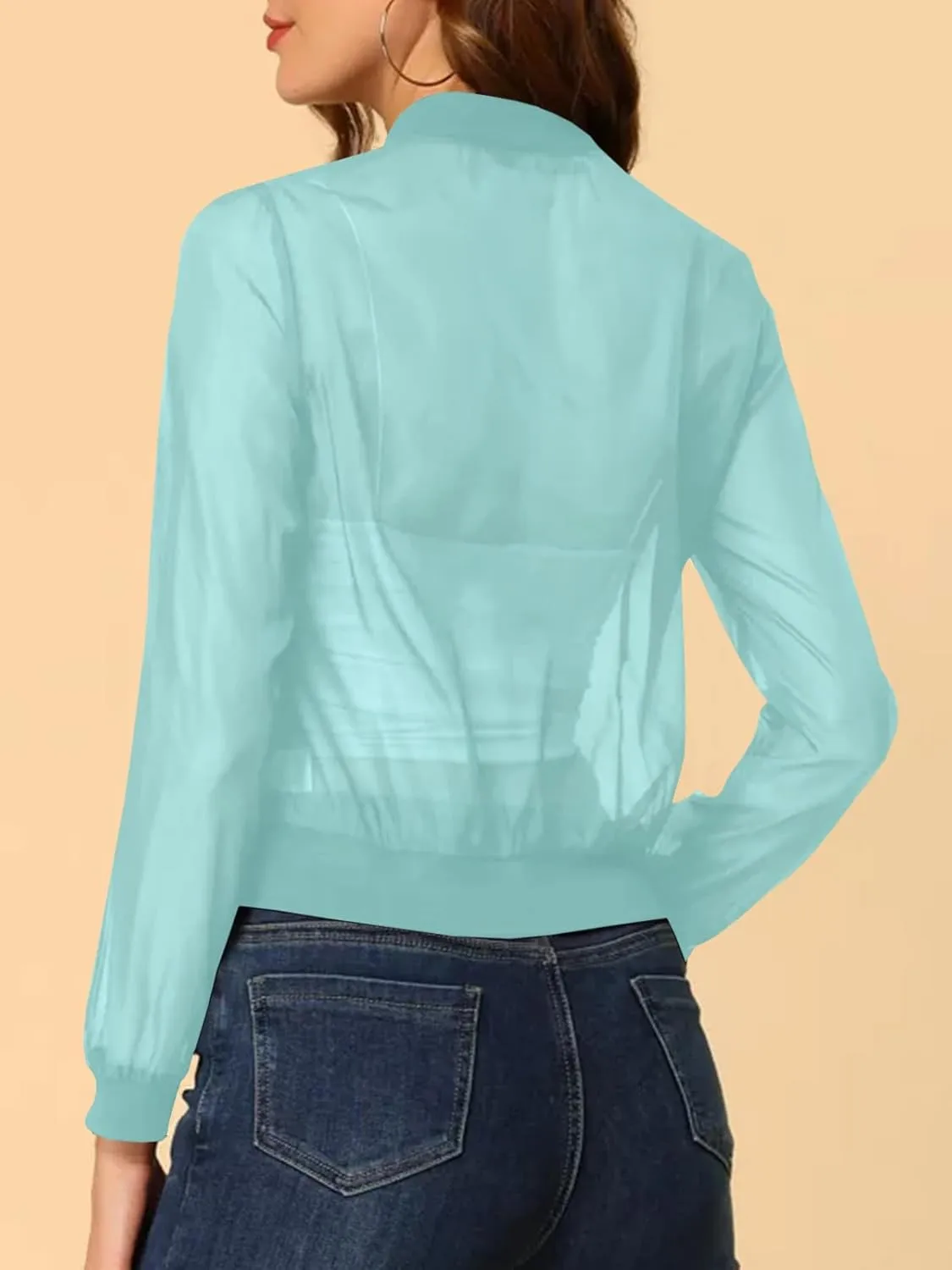 Fisoew Women's Crop Mesh Sheer Bomber Jackets Lightweight Long Sleeve Zip Up Jacket Outwear