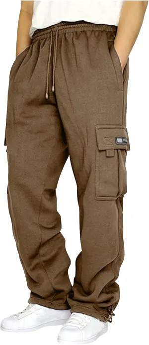 Fleece Baggy Sweatpants for Men, Straight Leg Cargo Sweatpants with Pockets, Loose Elastic Waist Drawstring Jogger Pants