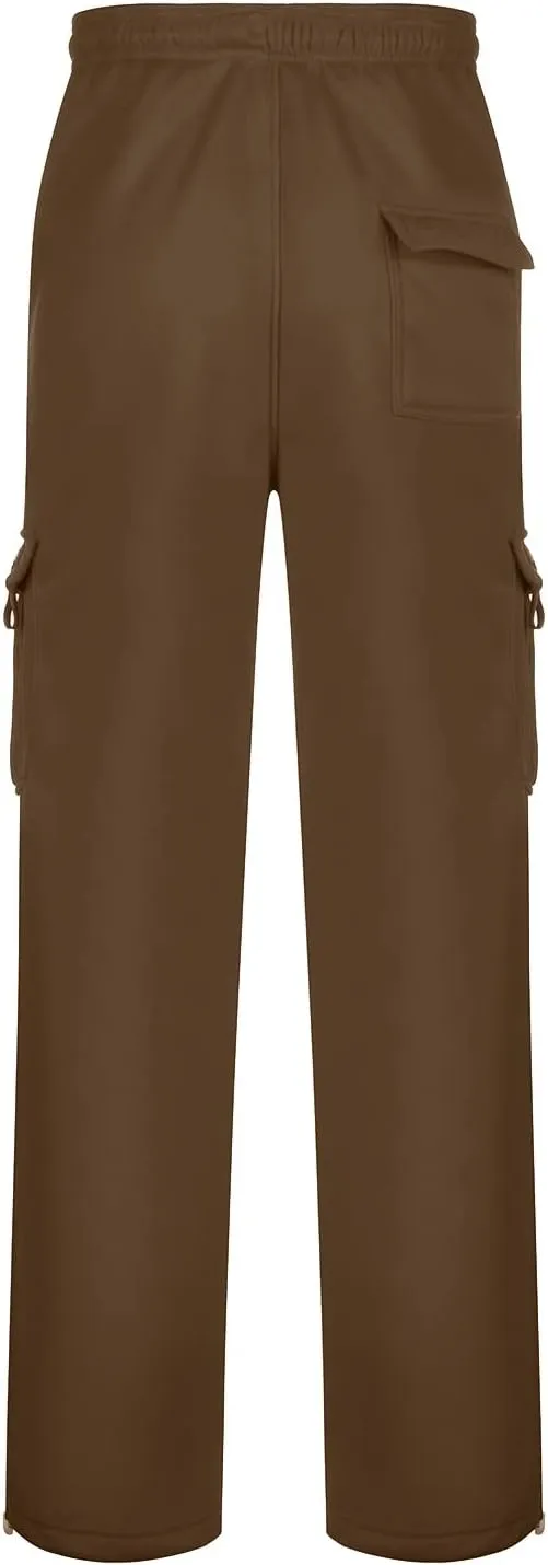 Fleece Baggy Sweatpants for Men, Straight Leg Cargo Sweatpants with Pockets, Loose Elastic Waist Drawstring Jogger Pants