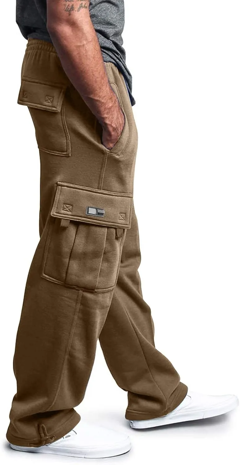 Fleece Baggy Sweatpants for Men, Straight Leg Cargo Sweatpants with Pockets, Loose Elastic Waist Drawstring Jogger Pants
