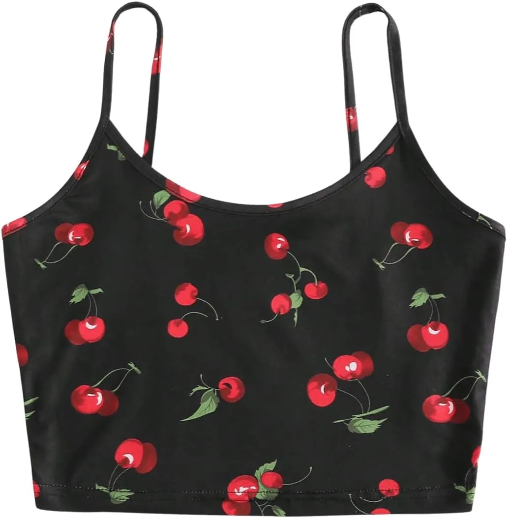 Floerns Women's Printed Camisole Spaghetti Strap Contrast Binding Crop Cami Top
