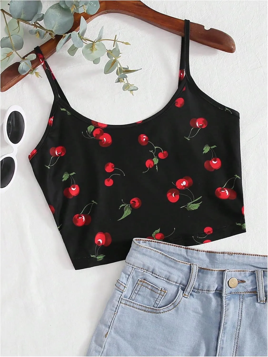Floerns Women's Printed Camisole Spaghetti Strap Contrast Binding Crop Cami Top