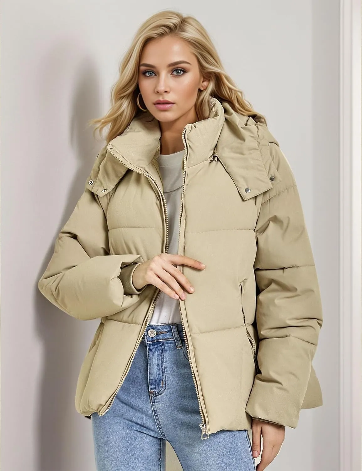 Flygo Womens Hoodies Puffer Jacket Zip Up Quilted Hooded Bubble Padded Down Winter Coats Long Sleeve Jackets with Pockets