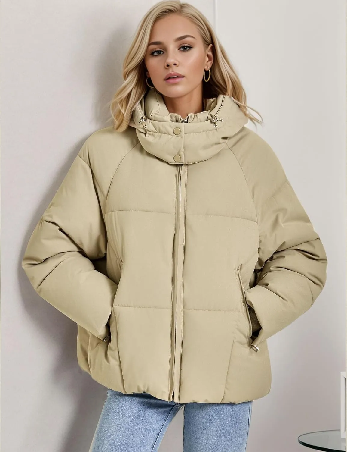 Flygo Womens Hoodies Puffer Jacket Zip Up Quilted Hooded Bubble Padded Down Winter Coats Long Sleeve Jackets with Pockets