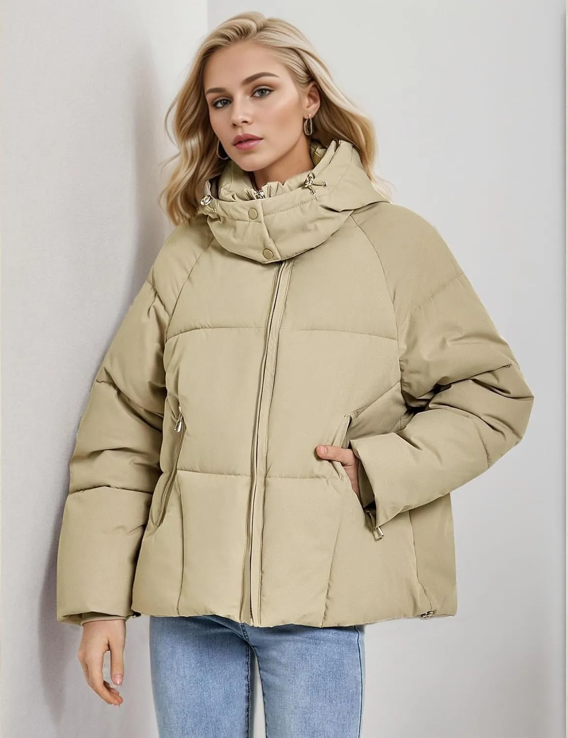 Flygo Womens Hoodies Puffer Jacket Zip Up Quilted Hooded Bubble Padded Down Winter Coats Long Sleeve Jackets with Pockets