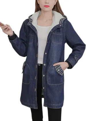 Flygo Women's Warm Sherpa Lined Hooded Long Denim Jean Jacket Overcoat