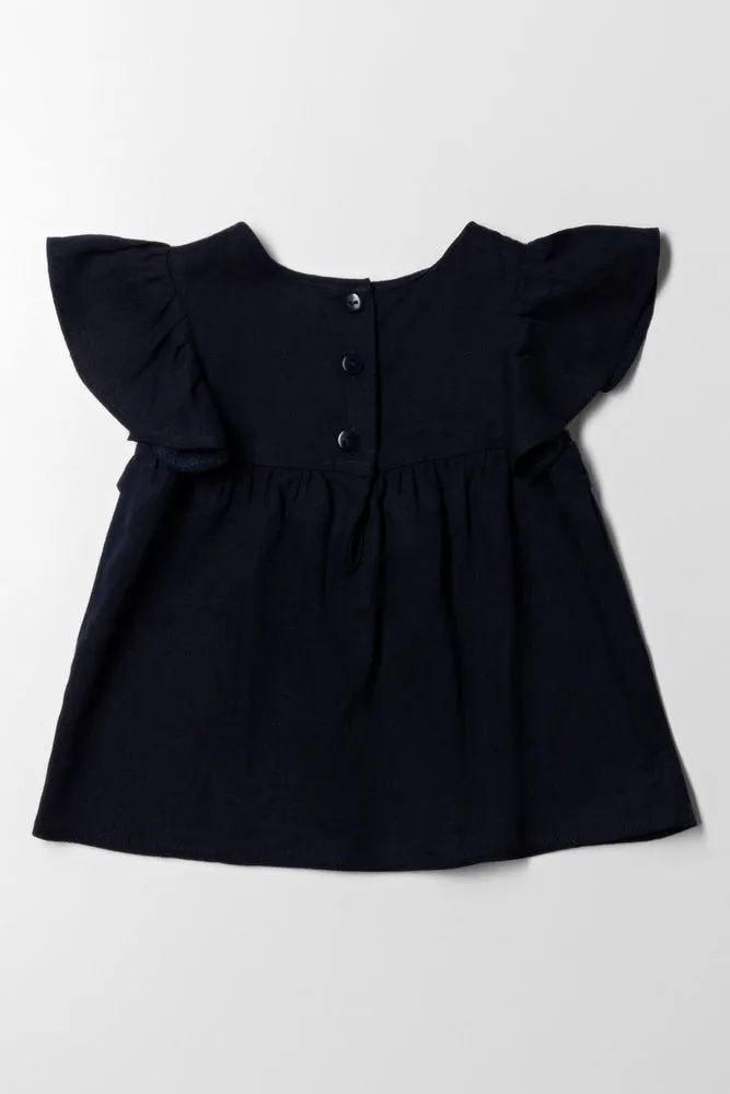 Frill Embroidery Top Navy