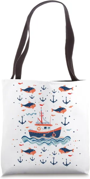 Funny Fishing Boat & Fish Cute Retro Sea Lover Tote Bag
