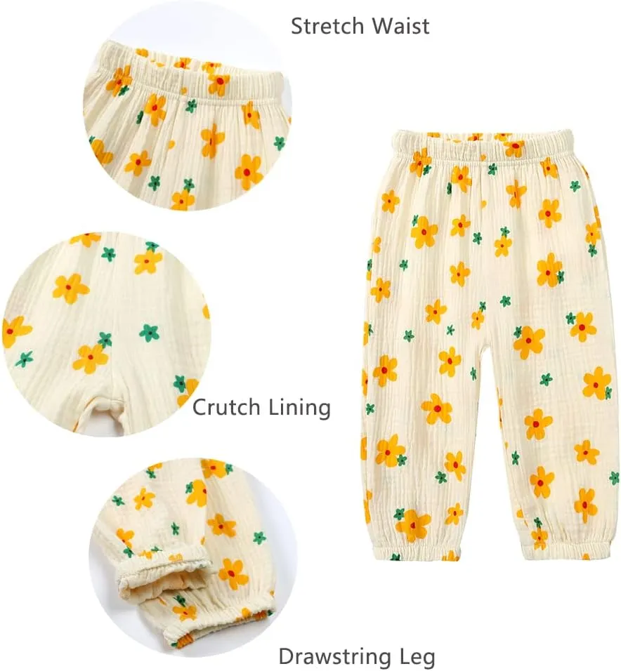 GFQLONG Toddler Baby Girls 3 Pack Elastic Waist Pants Soft Cotton Linen Harem Bloomers Summer Fall Long Pants