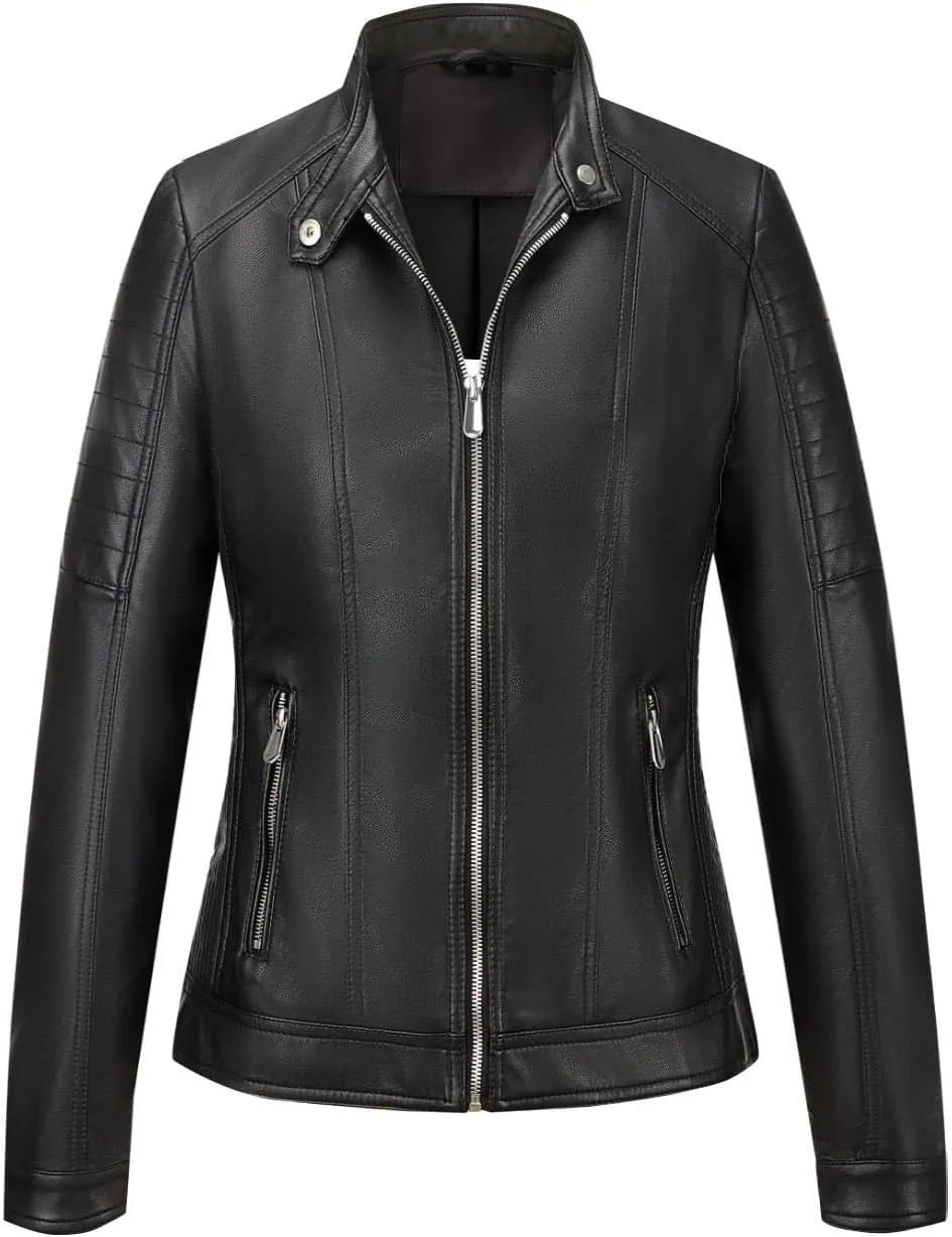 Giolshon Faux Leather Short Jacket Women Fall and Winter Fashion Motorcycle Biker Casual Slim Bomber Coat