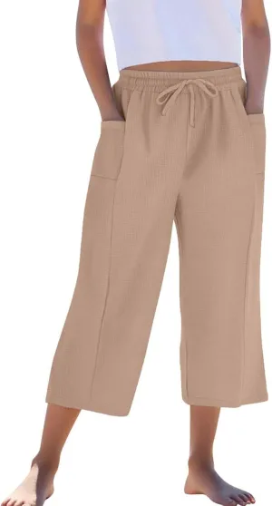 Girls Cotton Linen Capri Pants Casual Summer Loose Comfy Elastic Waist Sun Protection Straight Pants for 4-14 Years