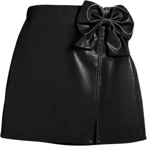Girl's Cute PU Leather Skirt Elastic High Waist Split Hem Bow Front Mini Skirts Black# 8Y
