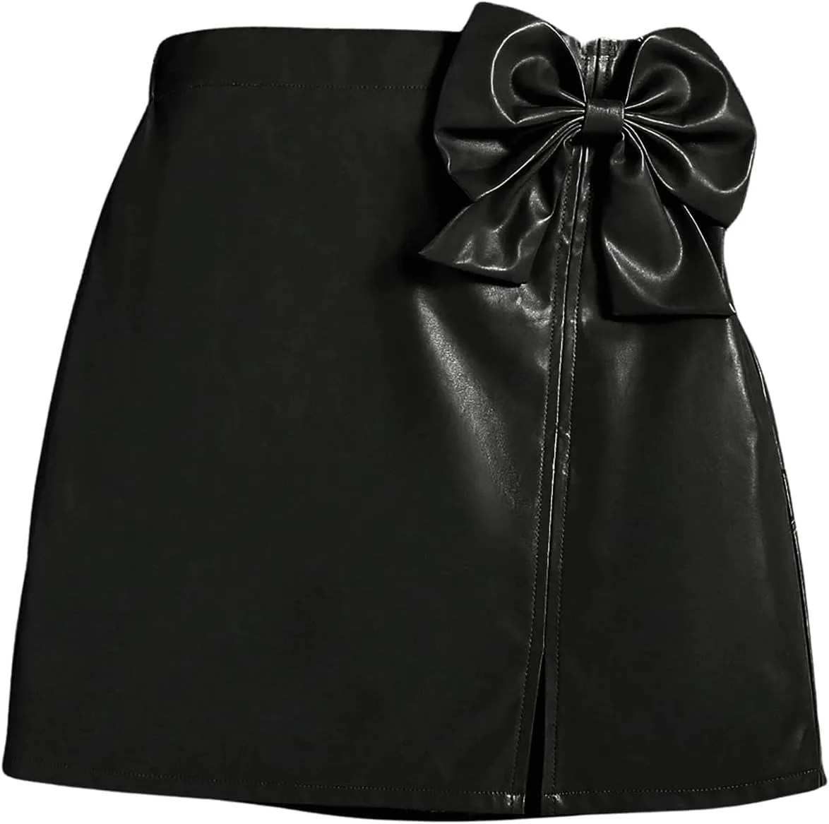 Girl's Cute PU Leather Skirt Elastic High Waist Split Hem Bow Front Mini Skirts Black# 8Y
